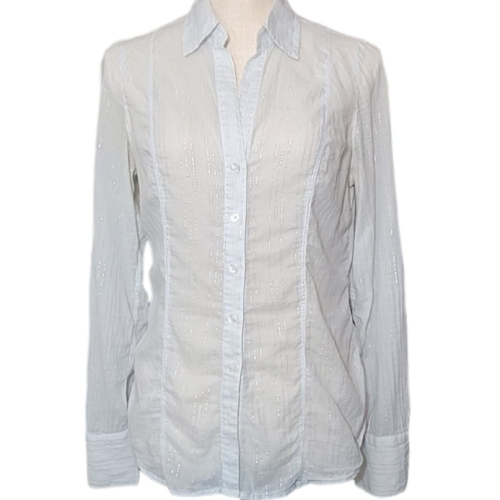 Women's Express Sheer button up Lite Blue with silver metallic detailing Size S